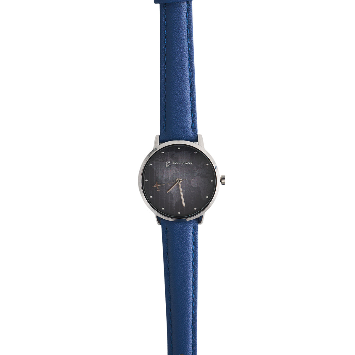 The Boeing Women's Rotating Watch Black Face by BOEING features a round black face, silver case, blue leather strap, and Japan quartz movement. Its simple, modern design is both stylish and reliable.