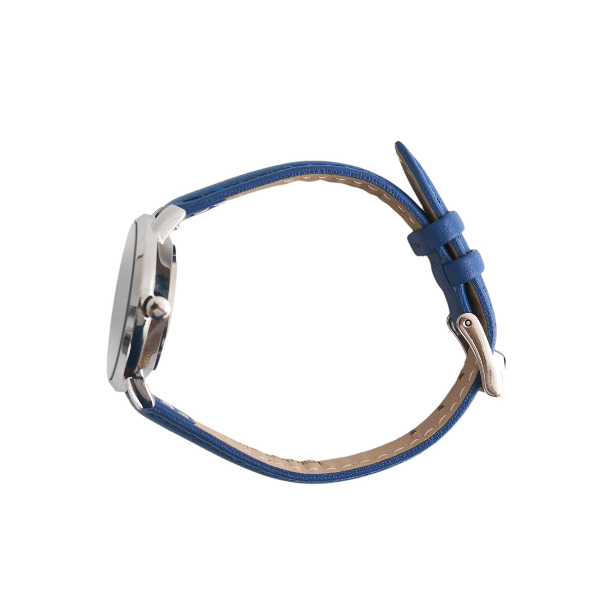 The BOEING Women's Rotating Watch features a black face, silver case, and blue leather strap with buckle and loops visible, shown from the side against a white background.