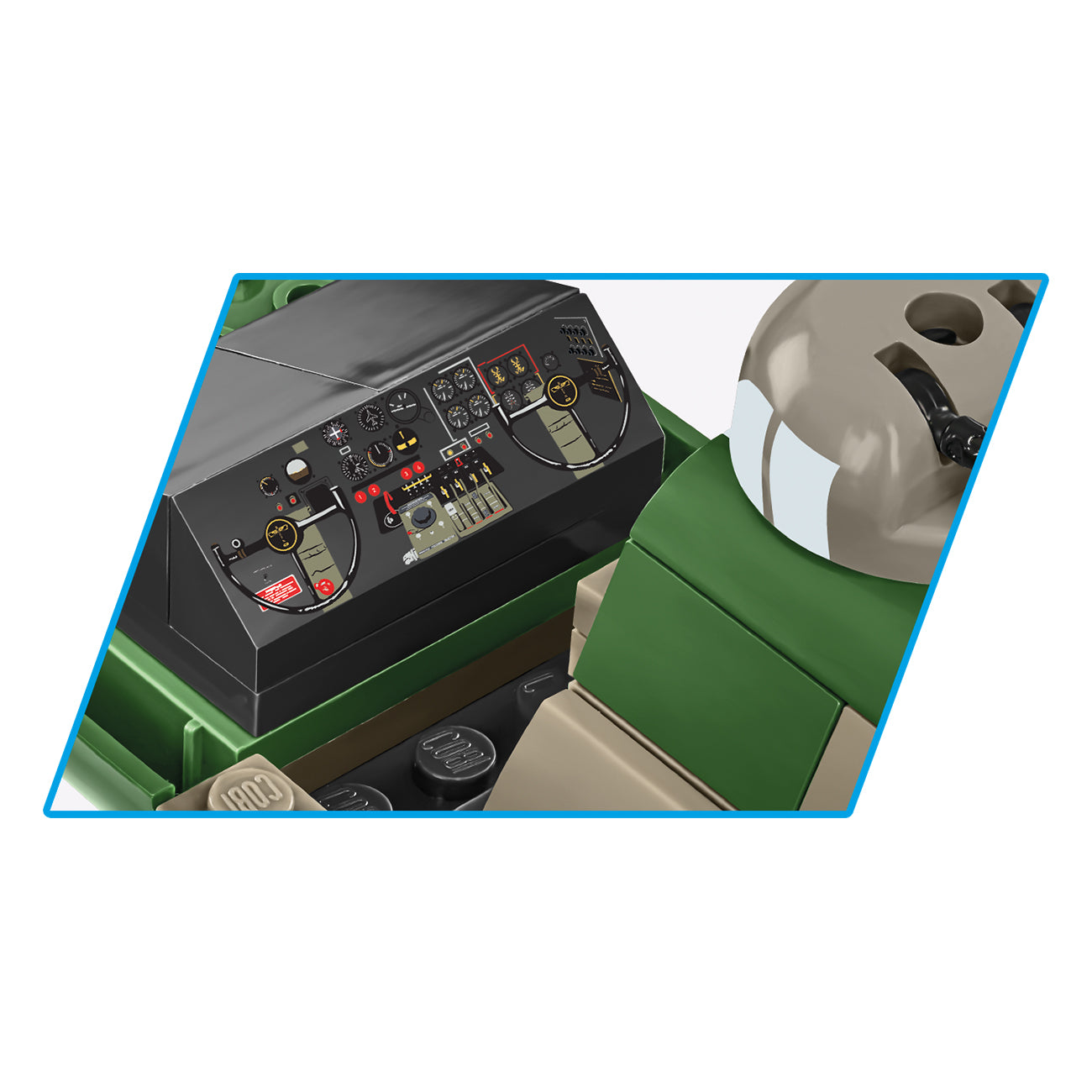 A close-up of the COBI Boeing B-17 Flying Fortress Memphis Belle Building Kit from The Boeing Store shows a cockpit with detailed control panels, gauges, buttons, and switches. The seat is set behind a panel in a green and beige interior, echoing classic aircraft design elements.