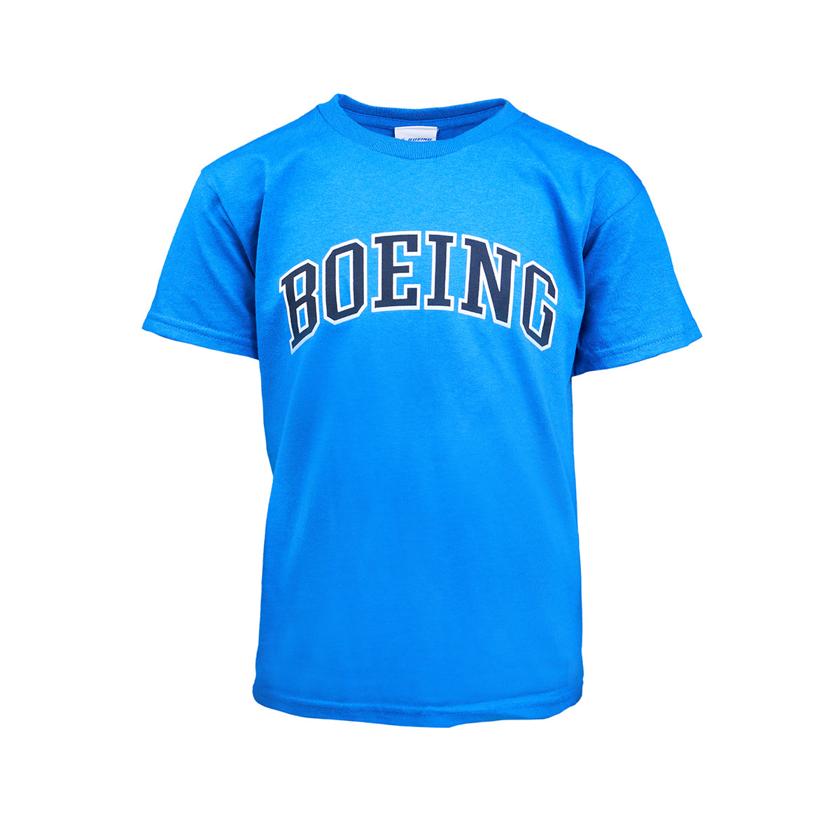 Kids royal t-shirt with navy blue Boeing varsity logo across the chest