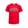 Kids red t-shirt with navy blue Boeing varsity logo across the chest