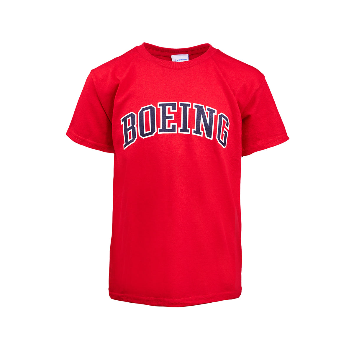 Kids red t-shirt with navy blue Boeing varsity logo across the chest