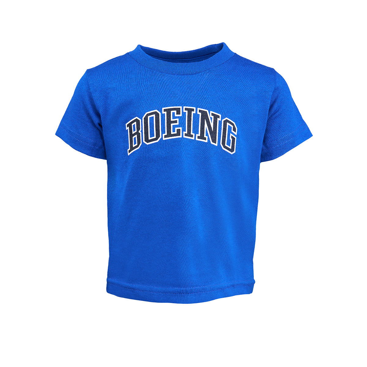 The Boeing Stores Boeing Varsity Logo Toddler T-Shirt is blue with a bold white varsity logo, short sleeves, and a ribbed crew neckline. Made from 100% cotton, its perfect for toddlers starting their aviation journey.