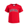 The Boeing Stores Boeing Varsity Logo Toddler T-Shirt is a red 100% cotton tee featuring the bold black and white BOEING varsity logo across the chest, ideal for young aviation enthusiasts.