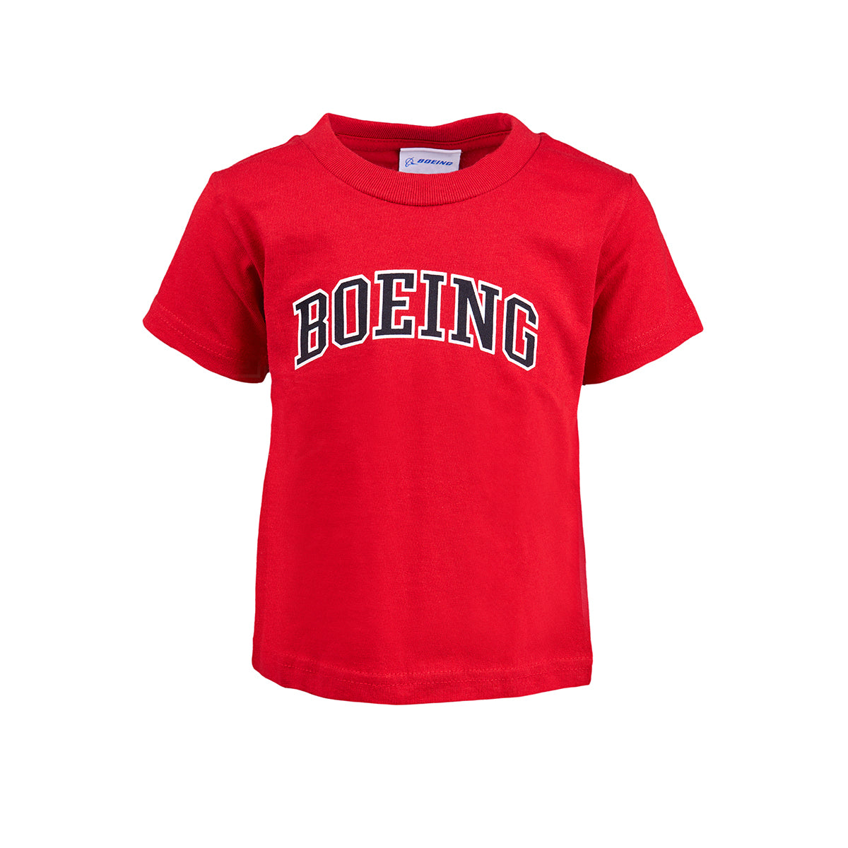 The Boeing Stores Boeing Varsity Logo Toddler T-Shirt is a red 100% cotton tee featuring the bold black and white BOEING varsity logo across the chest, ideal for young aviation enthusiasts.