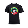 Introducing the Boeing AH-64 Apache Skyward Kids T-Shirt: a black tee from Boeing featuring an aviation-inspired design with a silhouette of an Apache helicopter, a vibrant circular emblem with green and yellow segments, and proudly displaying Boeing AH-64 Apache at the top.