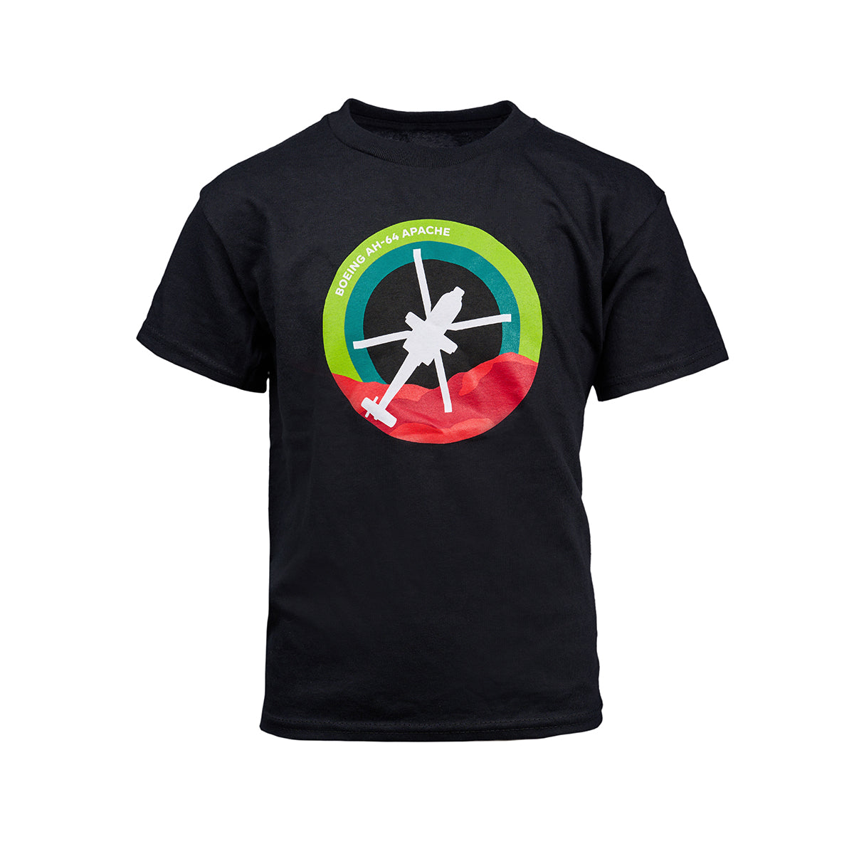 Introducing the Boeing AH-64 Apache Skyward Kids T-Shirt: a black tee from Boeing featuring an aviation-inspired design with a silhouette of an Apache helicopter, a vibrant circular emblem with green and yellow segments, and proudly displaying Boeing AH-64 Apache at the top.