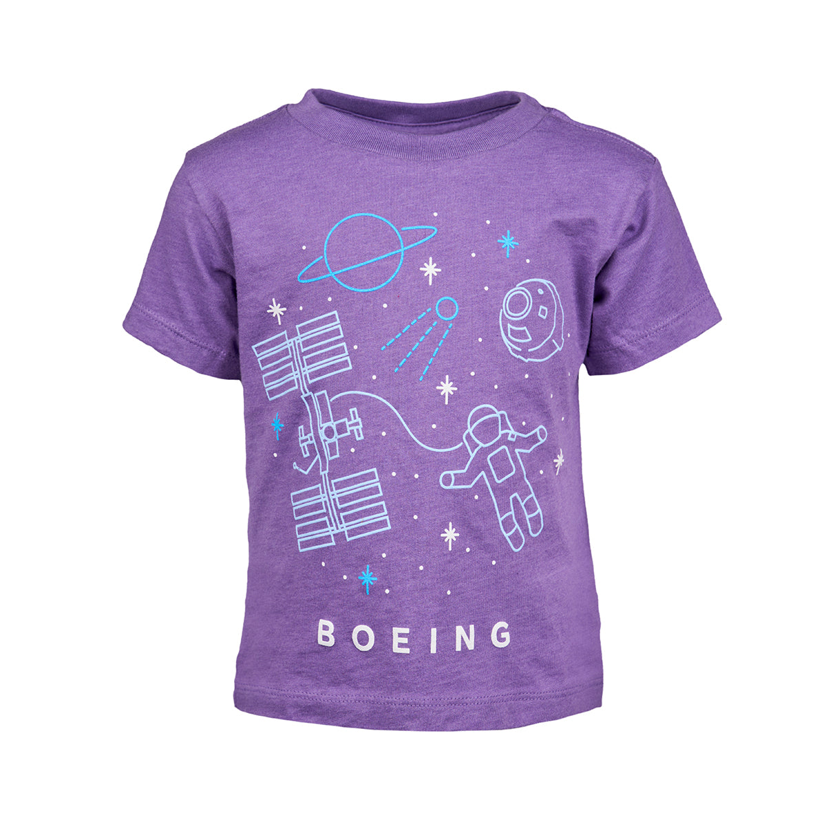 The Boeing Space Doodle Toddler T-Shirt features vibrant space-themed graphics on a purple backdrop, including an astronaut, satellite, planet, moon, and comet with Boeing at the bottom.