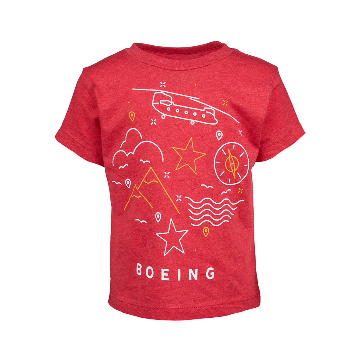 Enhance your toddlers wardrobe with the Boeing Defense Doodle Toddler T-Shirt, crafted from soft combed cotton. This red tee features a vibrant design of helicopters, stars, clouds, mountains, and wavy lines with Boeing printed in white at the bottom.