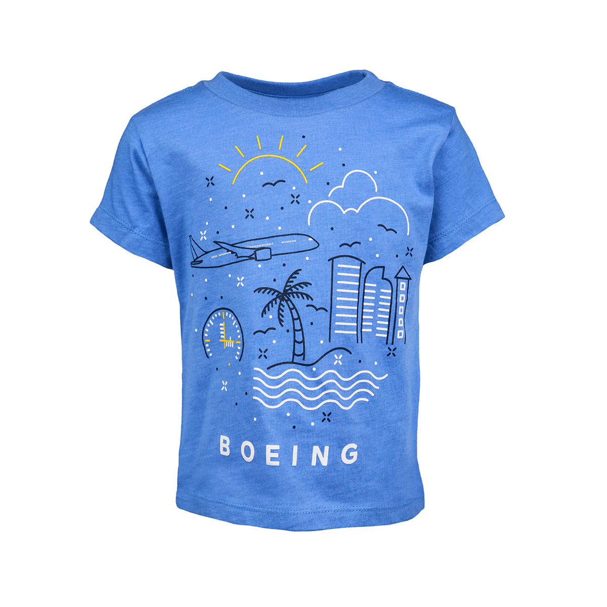 Boeing Commercial Doodle Toddler T-Shirt: Blue tee with a travel-themed graphic featuring an airplane flying over palm trees, ocean waves, cityscapes, and Boeings iconic name. Perfect for adventurous toddlers!.