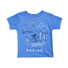 Full product image of a fun doodle of a Boeing commercial aircraft flying across the sunny skies over city scrapers and a palm tree and water.  'Boeing' text on the bottom of the shirt.  Shirt shown in a lighter heather blue color. 