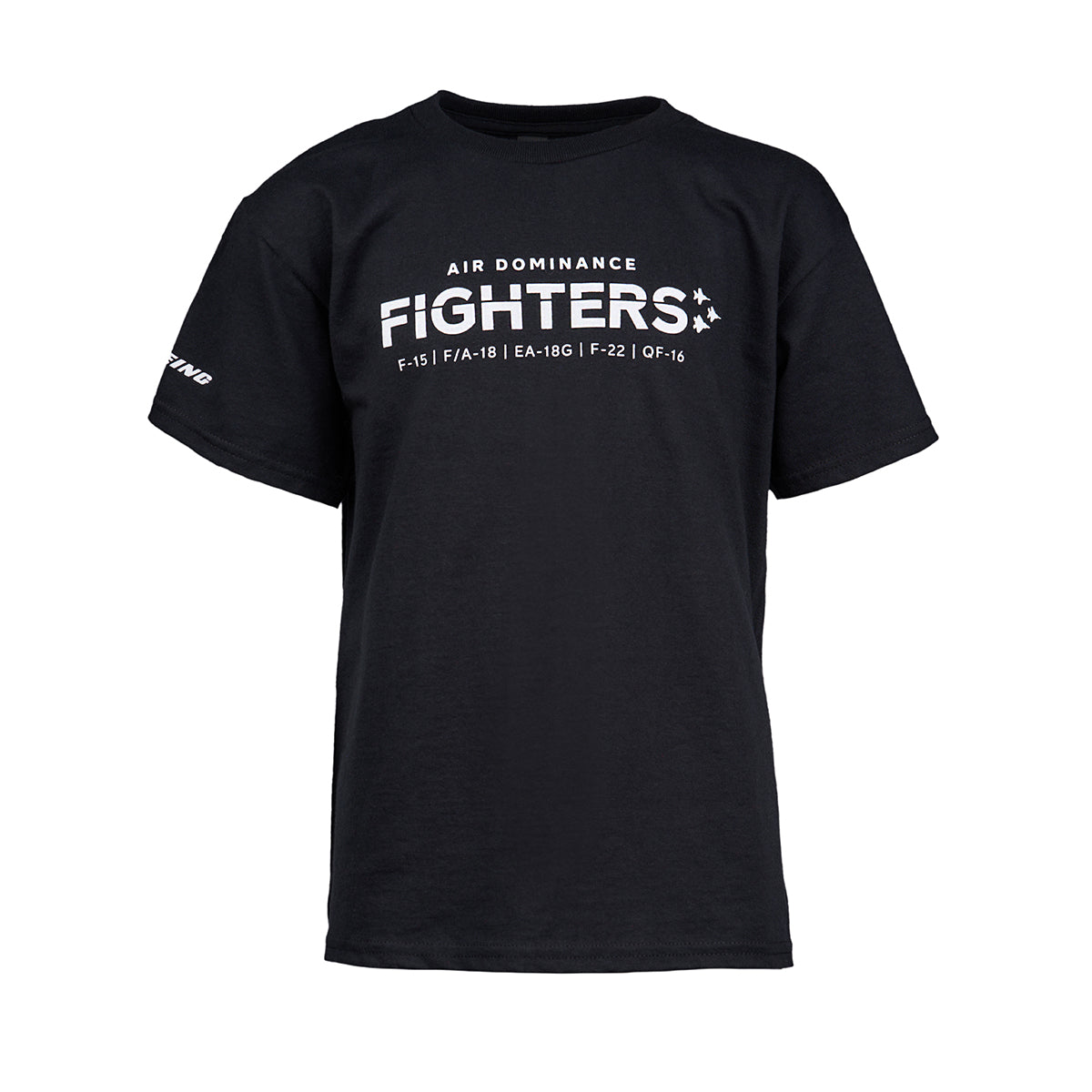 Show off airpower in the Boeing Fighters F-15 Youth T-Shirt! This black tee from Boeing features AIR DOMINANCE FIGHTERS text, star graphics, fighter models, and the Boeing logo on the left sleeve—a nod to Boeing St. Louis.