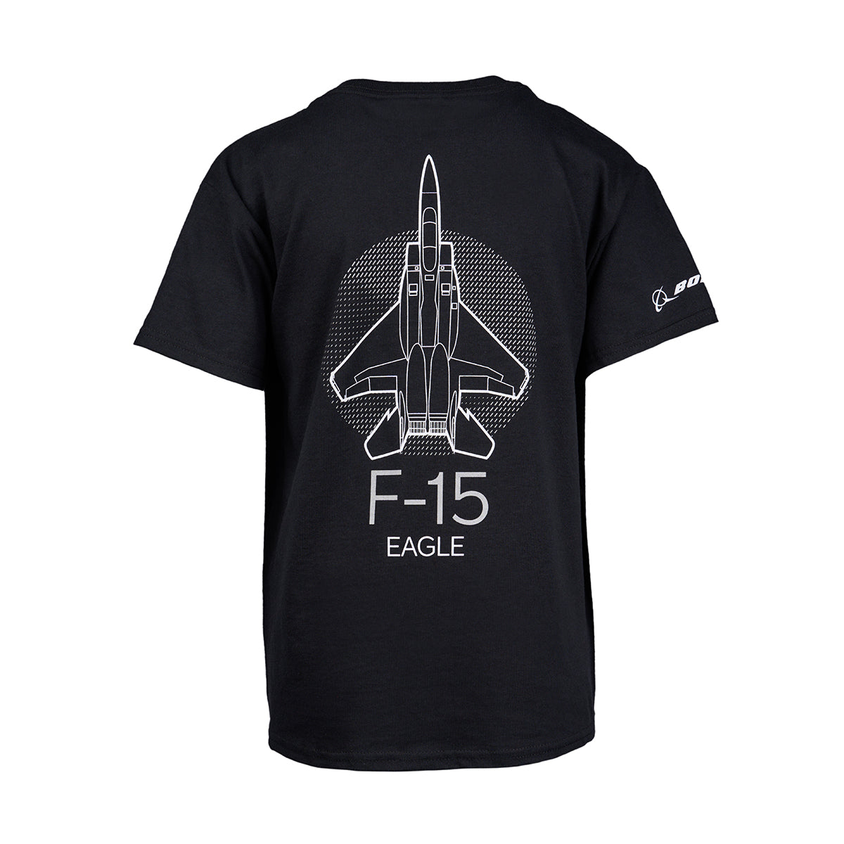 The Boeing Fighters F-15 Youth T-Shirt by Boeing features a white line drawing of the F-15 fighter jet from above, “F-15 EAGLE” text, and a Boeing logo on the left sleeve—a tribute to Air Dominance Fighters.