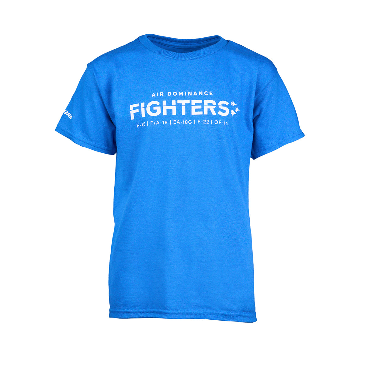 The Boeing Fighters F/A-18 Youth T-Shirt showcases AIR DOMINANCE FIGHTERS and iconic jets (F-15, F/A-18, EA-18G, F-22, F-35) in bold white print. A must-have Boeing tee for young military aviation enthusiasts.