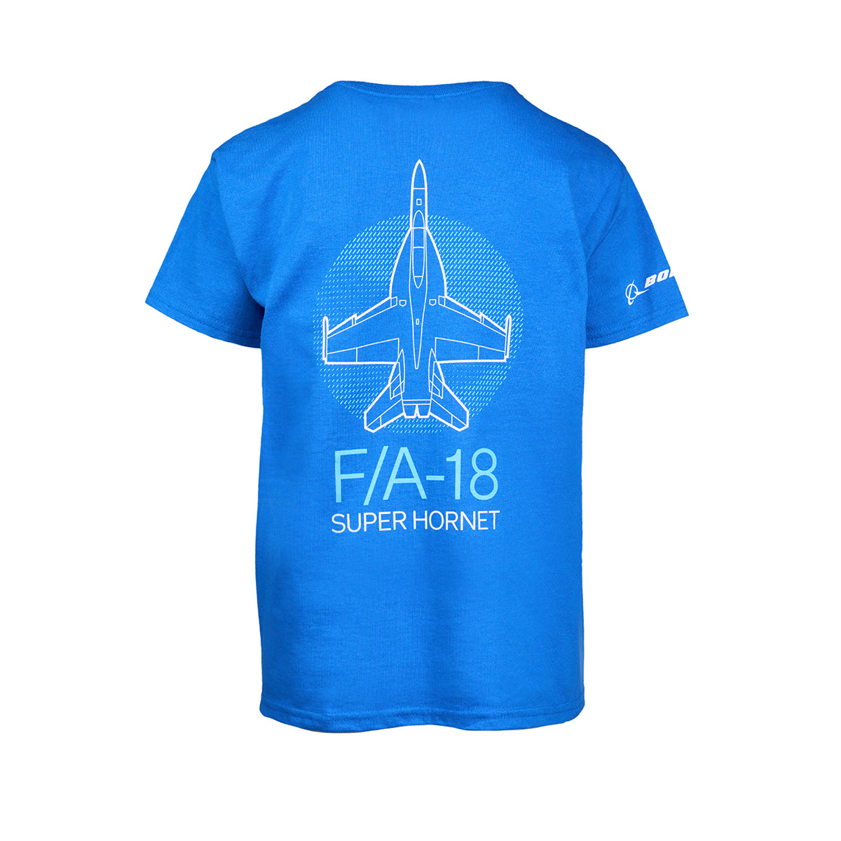 Great for aviation fans, the Boeing Fighters F/A-18 Youth T-Shirt by Boeing features a blue design, white outline graphic of an F/A-18 jet above F/A-18 SUPER HORNET text, and the Boeing logo on the left sleeve.