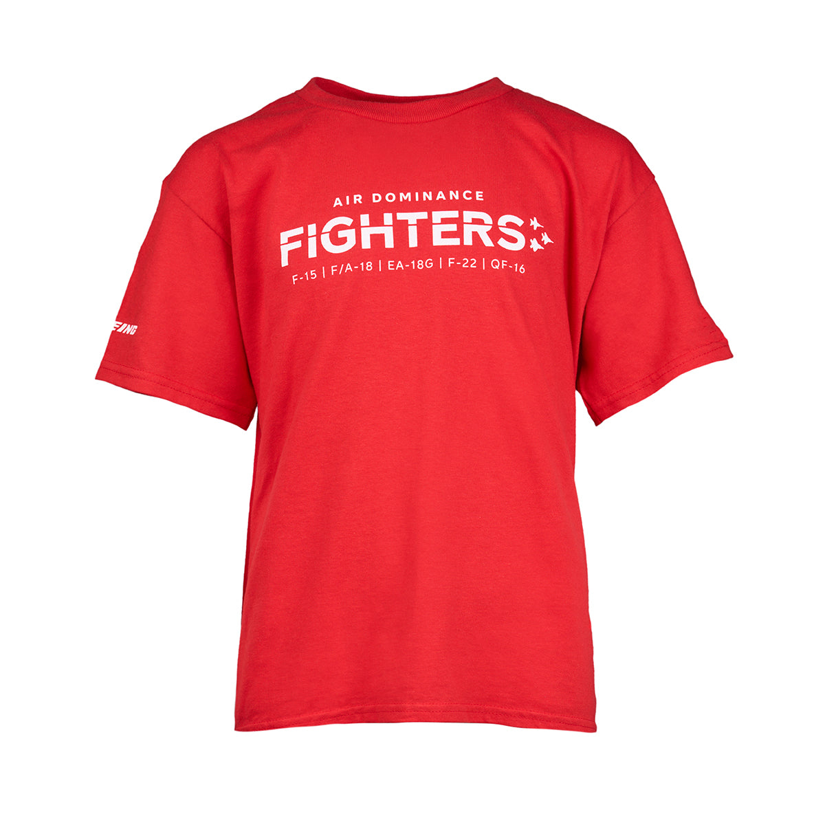The Boeing Fighters Youth T-Shirt by Boeing is a red tee with Air Dominance Fighters in bold white text and a list of jet models—F-15, F/A-18, EA-18G, F-22, F-16—on the back. Shown against a plain white background.