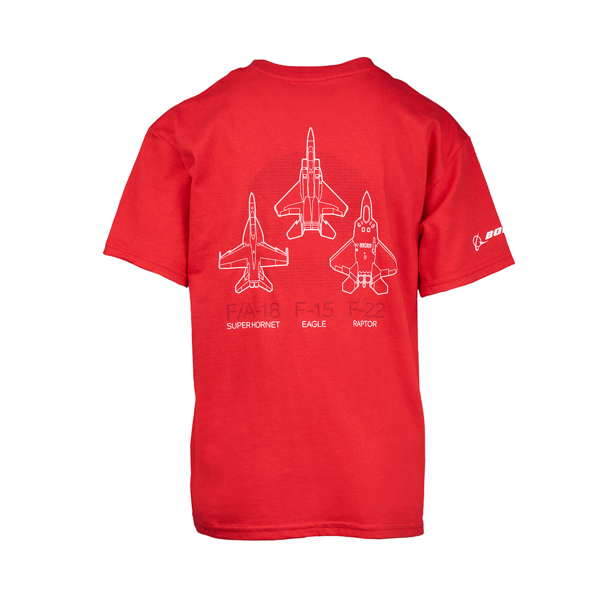 The Boeing Fighters Youth T-Shirt by Boeing is a red tee with white line art of the F/A-18 Super Hornet, F-15 Eagle, and F-22 Raptor on the back, plus a Boeing logo on the right sleeve.