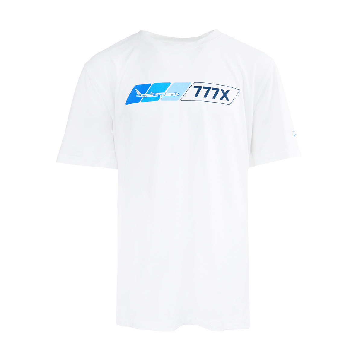 The Boeing 777X Velocity Kids’ Tech Stretch T-Shirt by BOEING features a blue and white 777X graphic on plain white, made from moisture-wicking fabric for comfort.