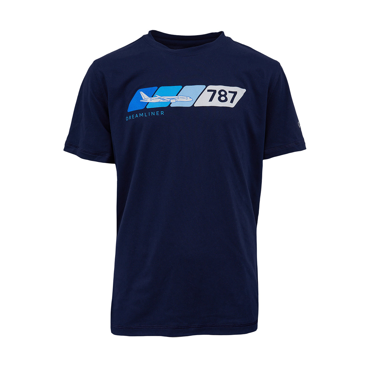The Boeing 787 Dreamliner Velocity Kids’ Tech Stretch T-Shirt by BOEING is a navy blue tee with an airplane graphic, Dreamliner text, and 787 on the chest, made from high-performance fabric inspired by the 787 Dreamliner.