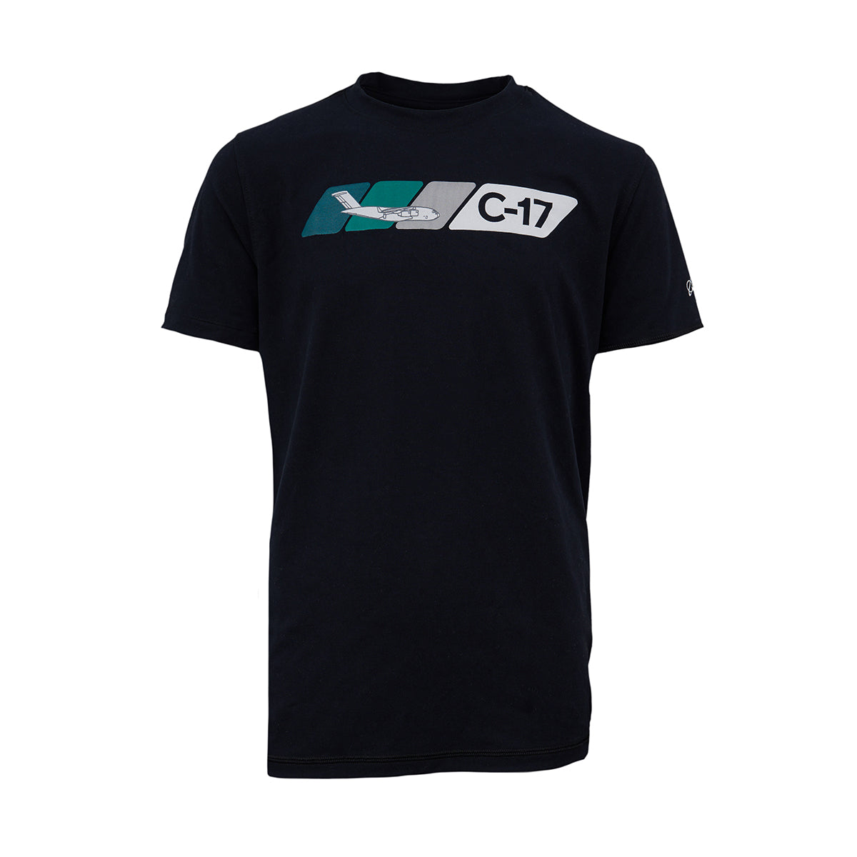 The BOEING C-17 Globemaster Velocity Kids’ Tech Stretch T-Shirt is a black athletic-fit tee featuring a C-17 graphic and “C-17” text on the chest, accented with teal and white design elements.