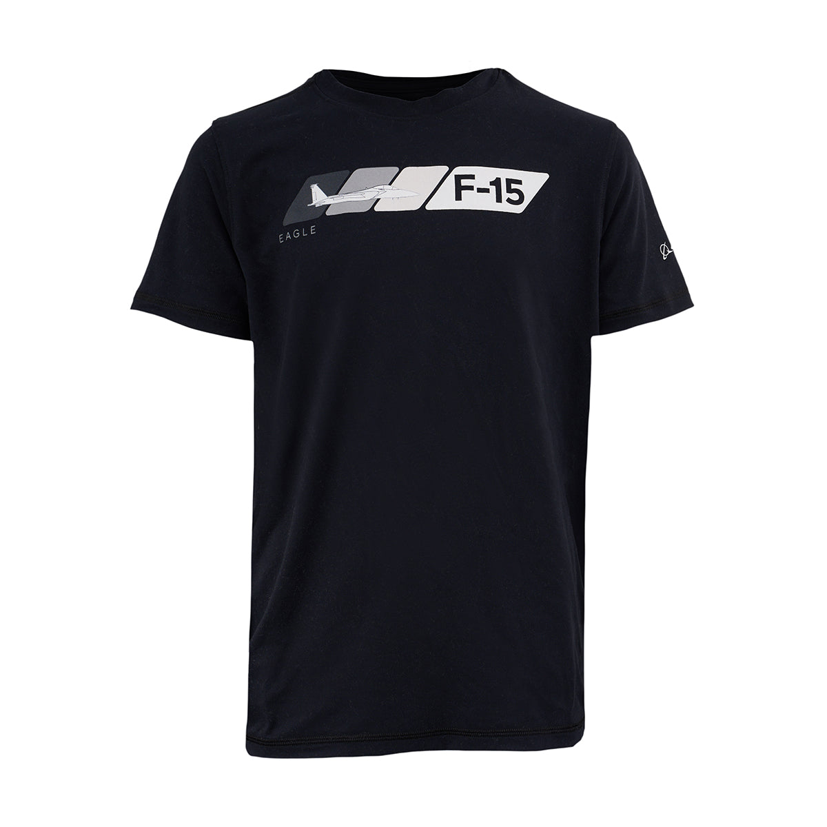 The BOEING F-15 Eagle Velocity Kids’ Tech Stretch T-Shirt features a graphic of the aircraft and bold white and gray text, designed with an athletic fit for comfort and style.