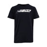 The BOEING F-15 Eagle Velocity Kids’ Tech Stretch T-Shirt features a graphic of the aircraft and bold white and gray text, designed with an athletic fit for comfort and style.