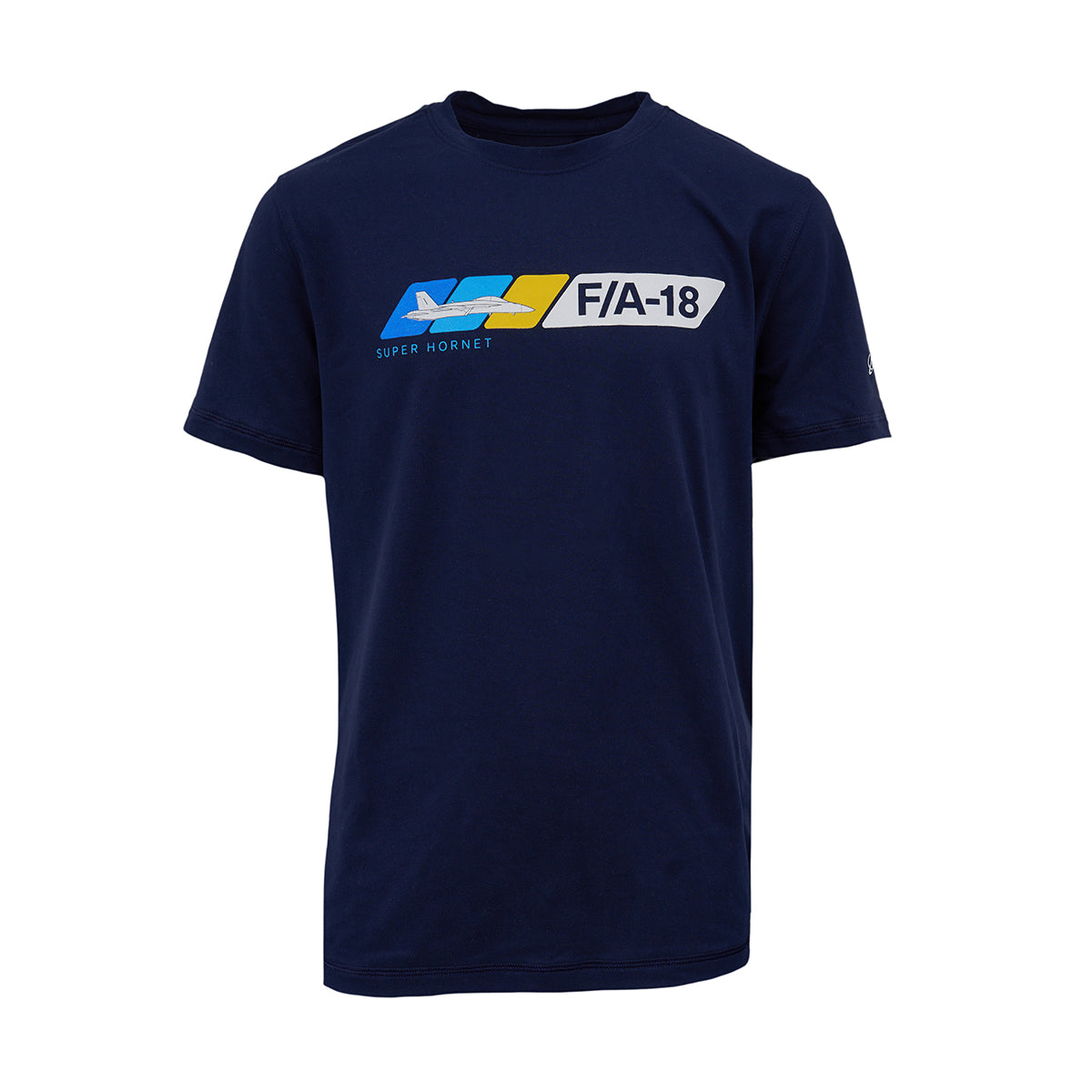 The Boeing F/A-18 Super Hornet Velocity Kids’ Tech Stretch T-Shirt by BOEING is a navy blue tee with a bold blue and yellow jet graphic, plus SUPER HORNET and Boeing F/A-18 Super Hornet text on the chest.