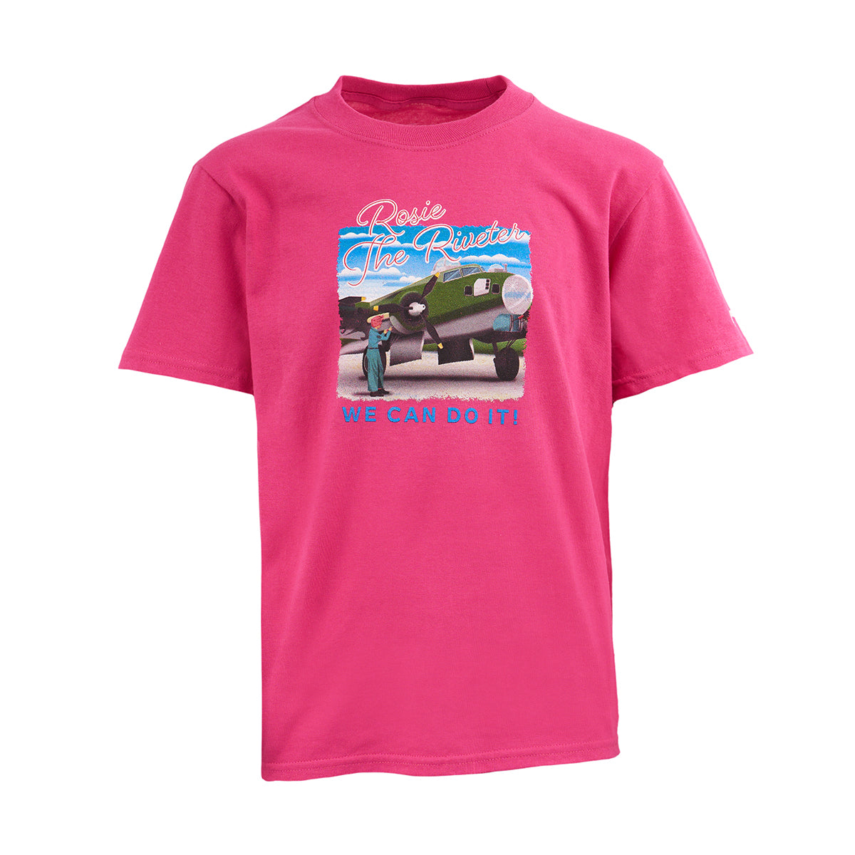 The Boeing Rosie Kids T-Shirt by BOEING is a bright pink cotton jersey tee featuring a vintage Rosie graphic next to a tank, with Rosie The Riveter and We Can Do It!! printed on the front.