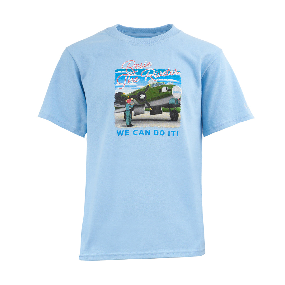 The Boeing Rosie Kids T-Shirt by BOEING is a light blue cotton jersey featuring a vintage Rosie design beside an aircraft, with “Rosie the Riveter” above and “We Can Do It!” below the image.