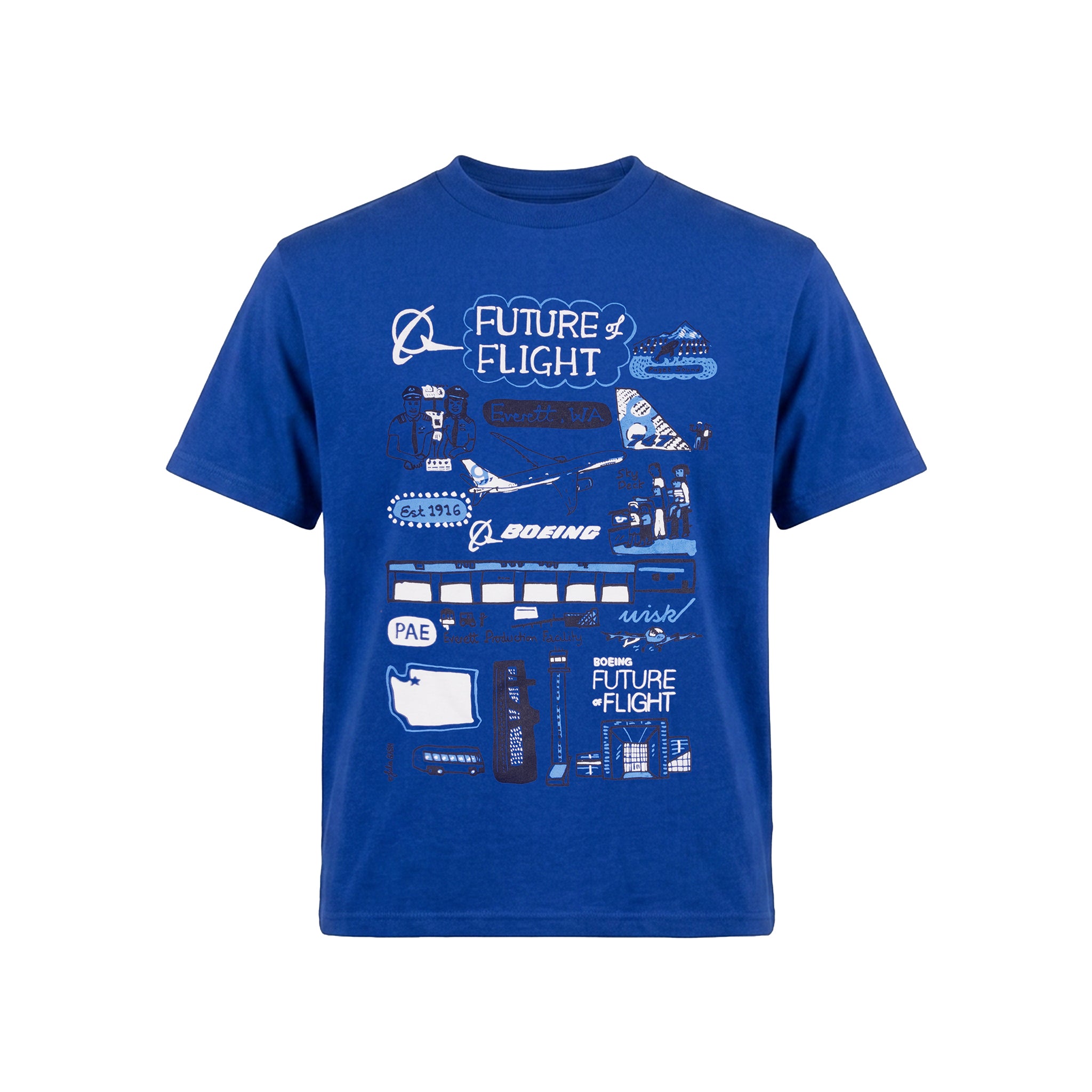 The Boeing Future of Flight Destination Kids’ T-Shirt by BOEING features playful white and blue airplane and airport graphics by Julia Gash, plus the “Future Flight” text and Boeing Future of Flight logo.