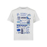 The Boeing Future of Flight Destination Kids’ T-Shirt by BOEING features playful blue aviation-themed illustrations by Julia Gash, including airplanes, clouds, and wording like "Future of Flight," "Boeing," and "Everett, WA.