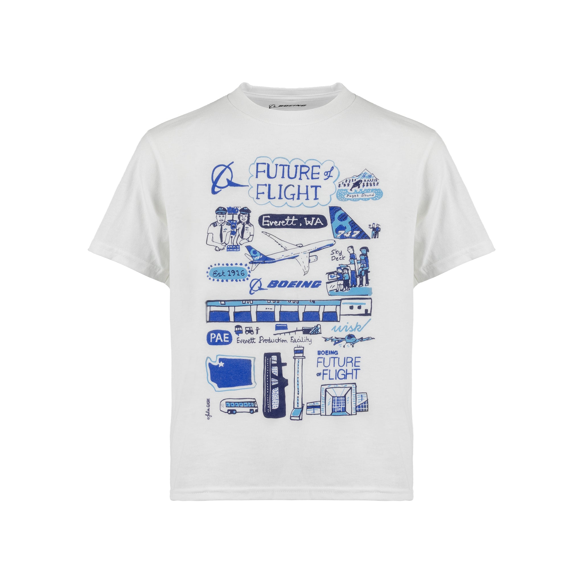 The Boeing Future of Flight Destination Kids’ T-Shirt by BOEING features playful blue aviation-themed illustrations by Julia Gash, including airplanes, clouds, and wording like "Future of Flight," "Boeing," and "Everett, WA.