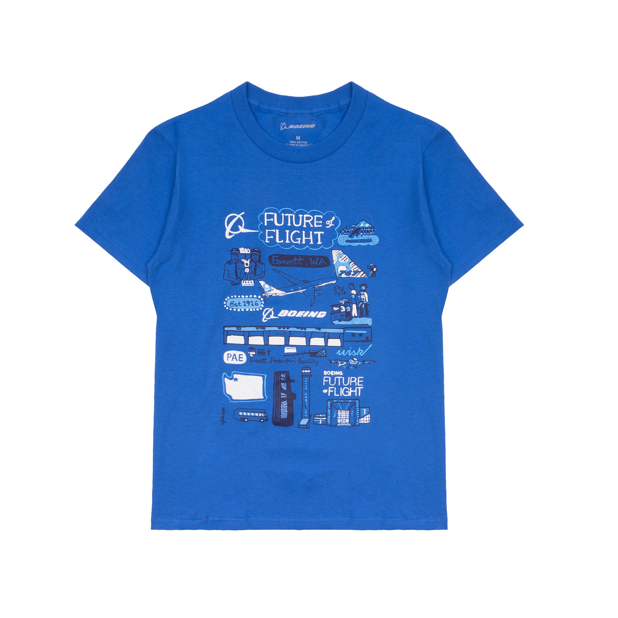 The Boeing Future of Flight Destination Kids’ T-Shirt by BOEING features playful white and blue airplane and airport graphics by Julia Gash, plus the “Future Flight” text and Boeing Future of Flight logo.