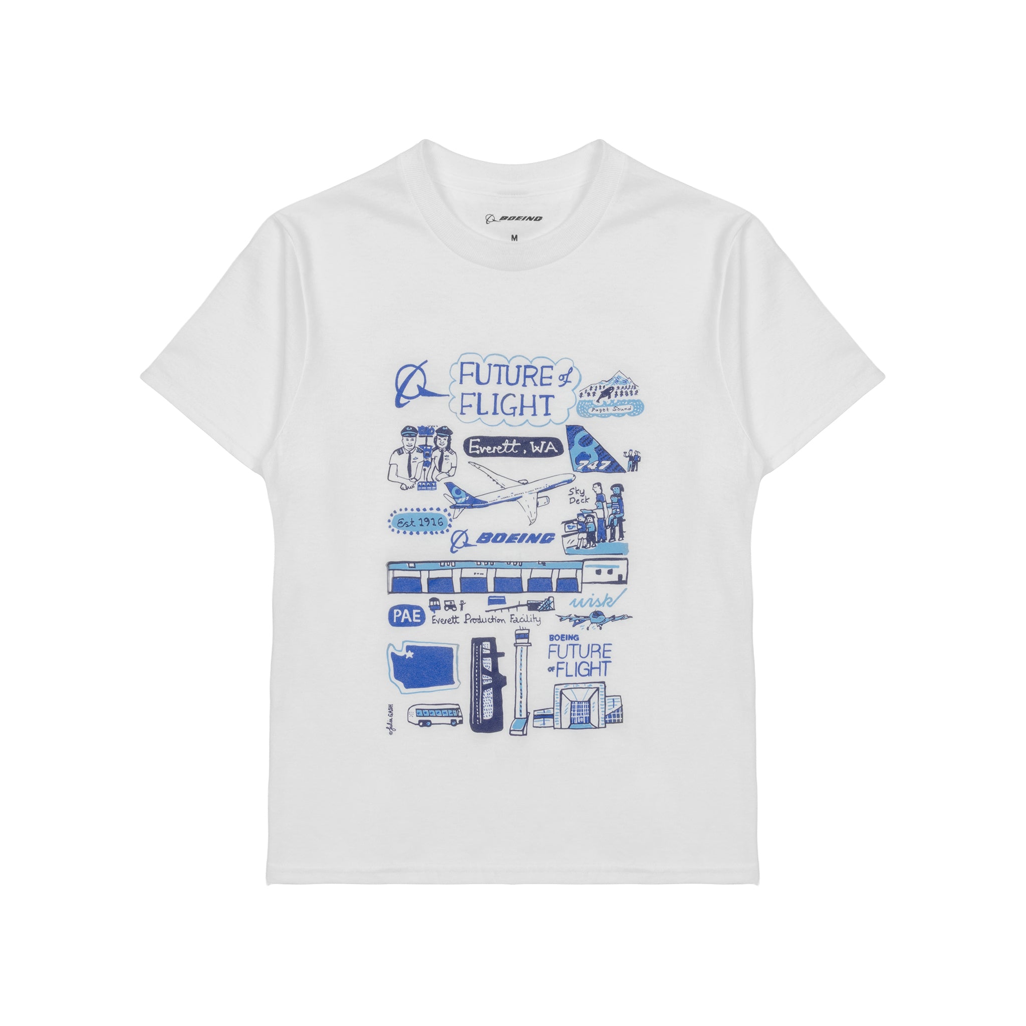 The Boeing Future of Flight Destination Kids’ T-Shirt by BOEING features playful blue aviation-themed illustrations by Julia Gash, including airplanes, clouds, and wording like "Future of Flight," "Boeing," and "Everett, WA.