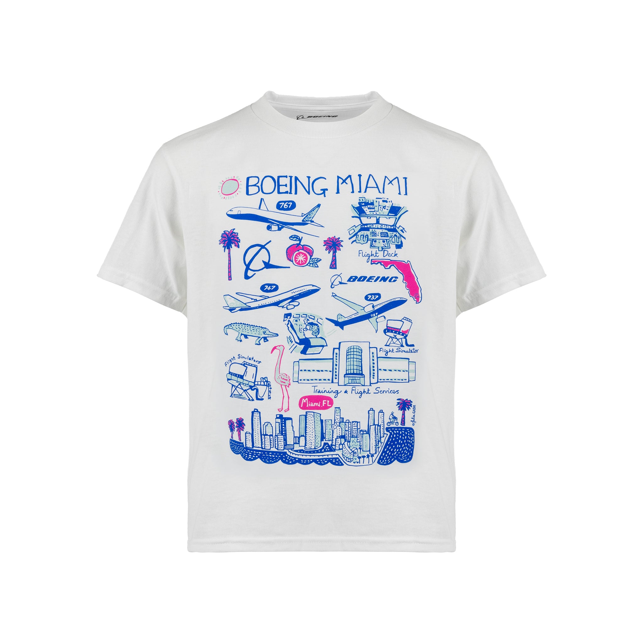 The Boeing Miami Destination Kids’ T-Shirt by BOEING showcases fun blue and pink illustrations of airplanes, palm trees, iconic Miami buildings, and the city skyline on a white shirt, with “Boeing Miami” text across the top—making it the ideal aviation-themed tee for your next family trip or as a unique kids’ travel shirt.