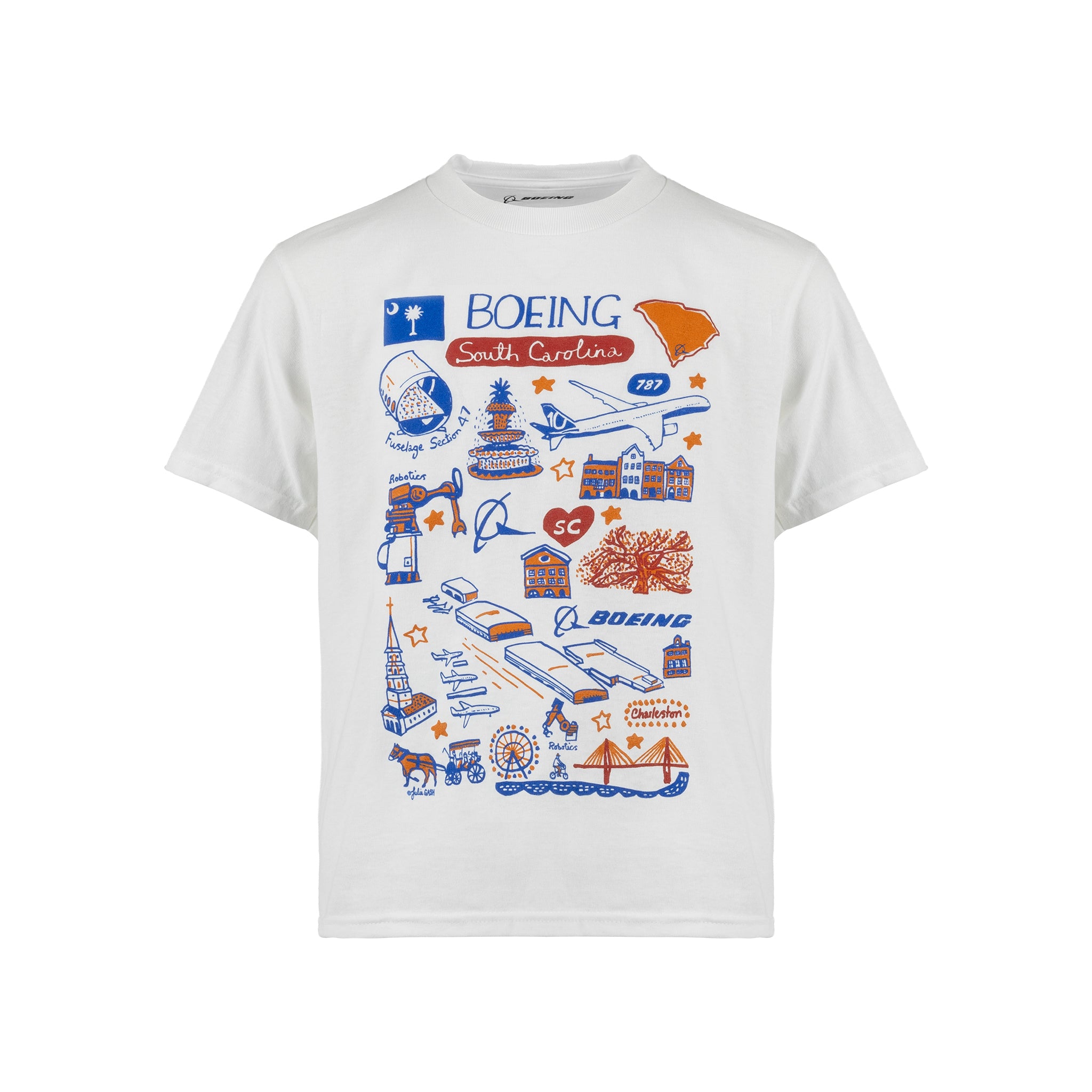 The Boeing South Carolina Destination Kids’ T-Shirt by BOEING is a white tee showcasing vibrant orange, blue, and red graphics of South Carolina landmarks, Boeing branding, an airplane, and related icons on the front—making it an ideal aviation-themed souvenir for kids who aspire to be engineers.
