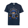 Introducing the Boeing 2026 Jet Snowflake Kids’ T-Shirt by BOEING—a navy blue tee showcasing a teddy bear in a blue winter hat and scarf, surrounded by white snowflakes. Both the bear and hat proudly feature the Boeing logo, making this aviation-themed shirt an ideal choice for young fans of flight.