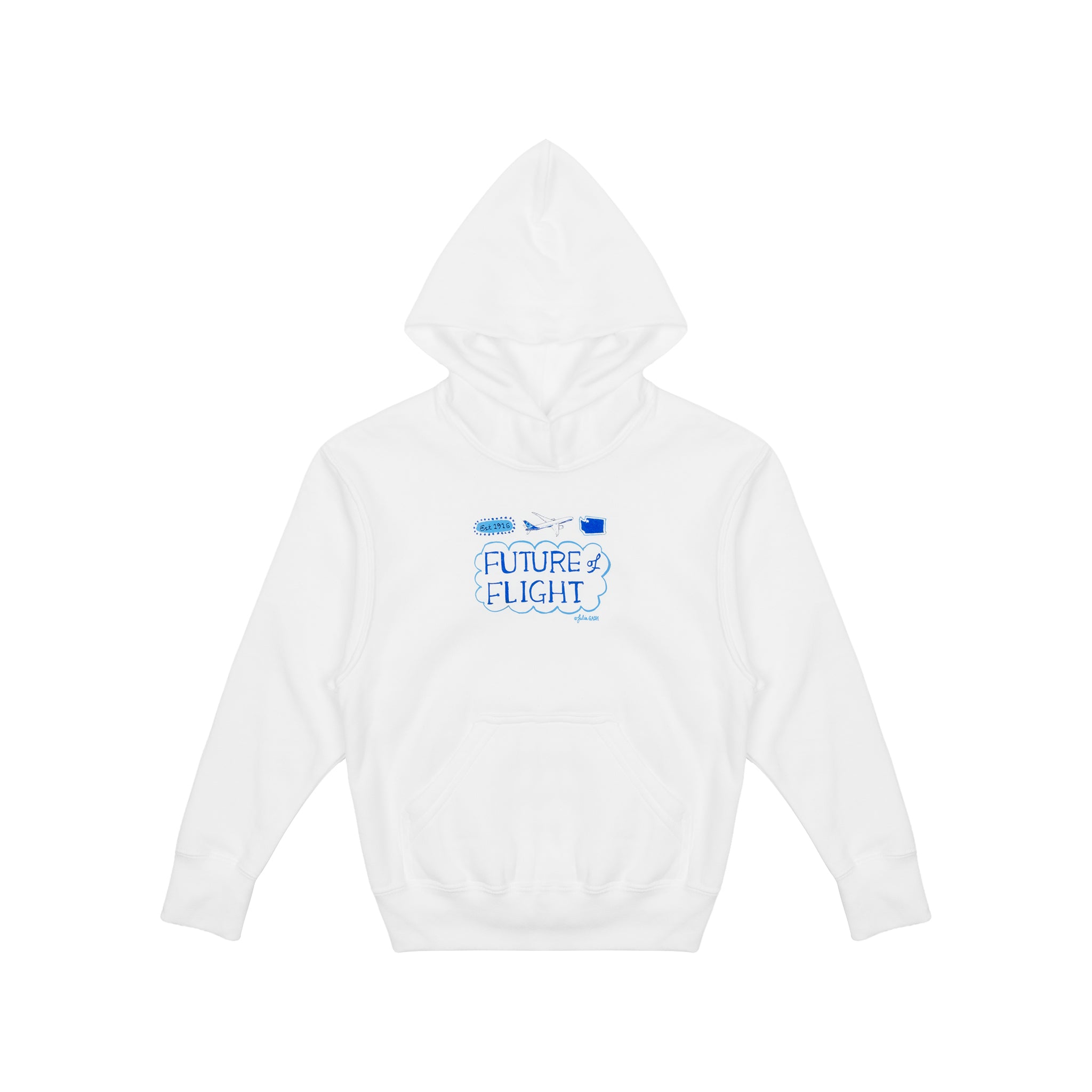 The BOEING Future Of Flight Destination Kids' Hoodie is a white sweatshirt with blue "FUTURE FLIGHT" text and graphics on the chest—an ideal choice for young aviation fans.