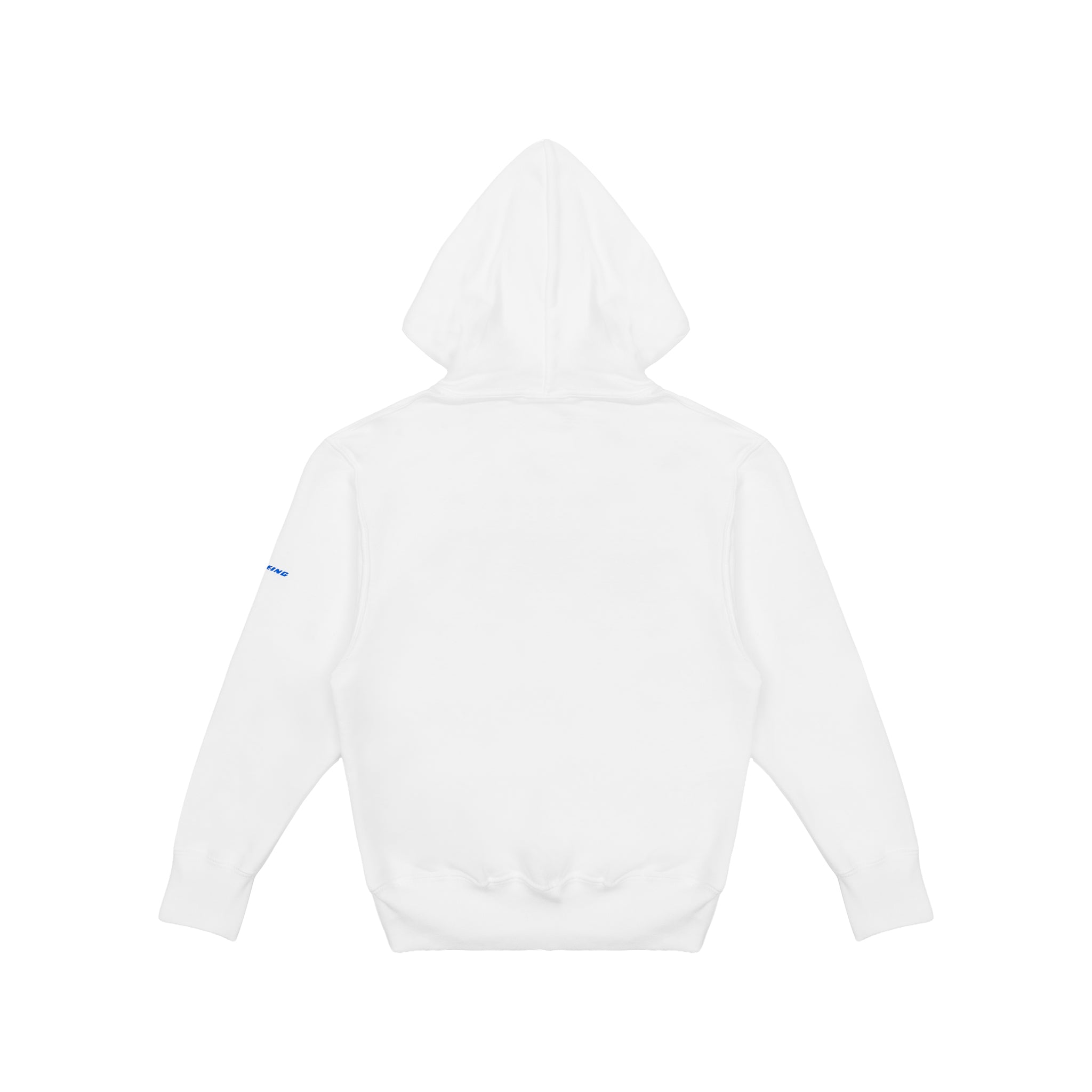 The BOEING Future Of Flight Destination Kids' Hoodie is plain white with long sleeves and a relaxed fit, shown from the back and laid flat on a white background.