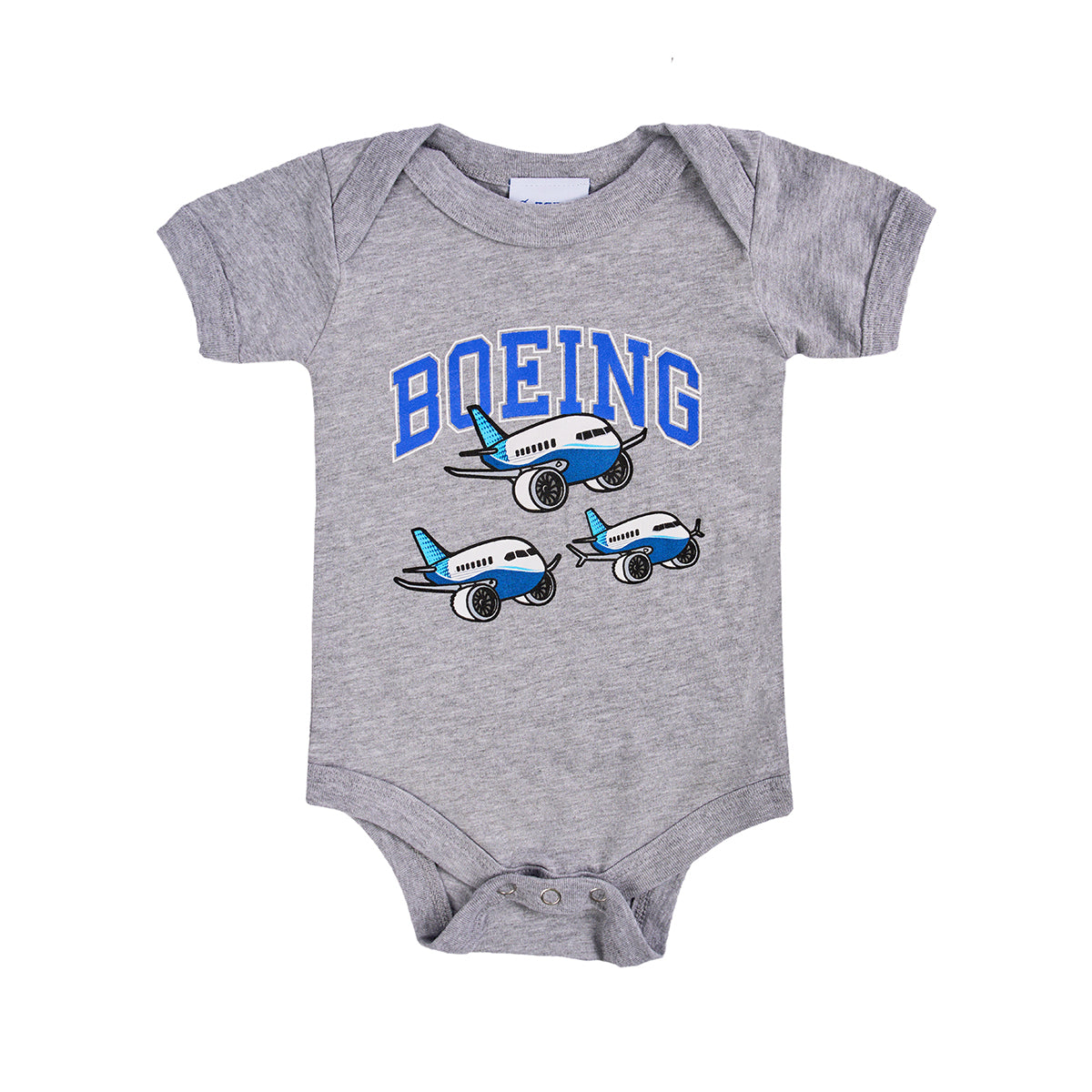 Full product image of the onesie in heather grey color. Boeing varsity logo across the chess with 3 pudgy planes below the text.