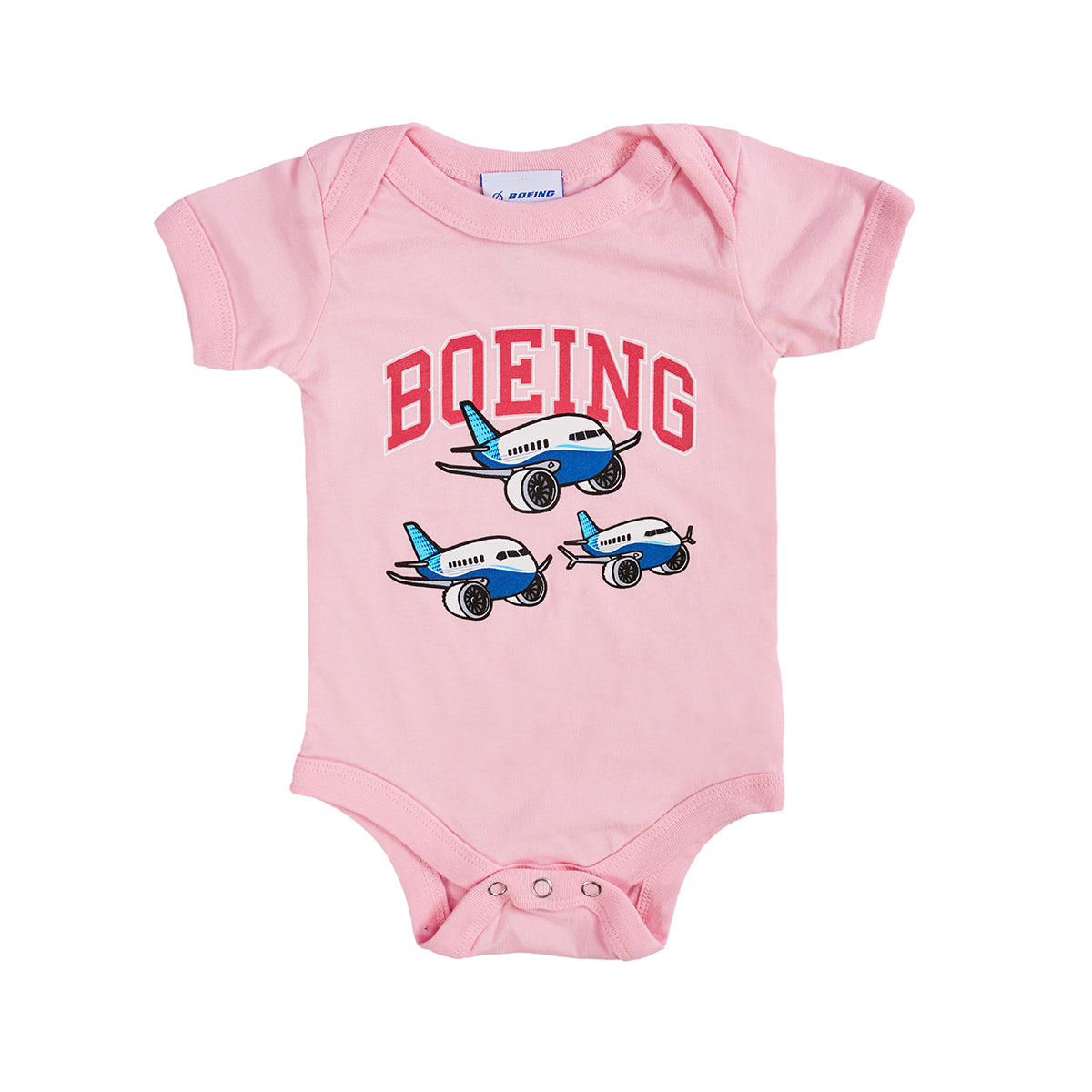 Full product image of the onesie pink color. Boeing varsity logo across the chess with 3 pudgy planes below the text.