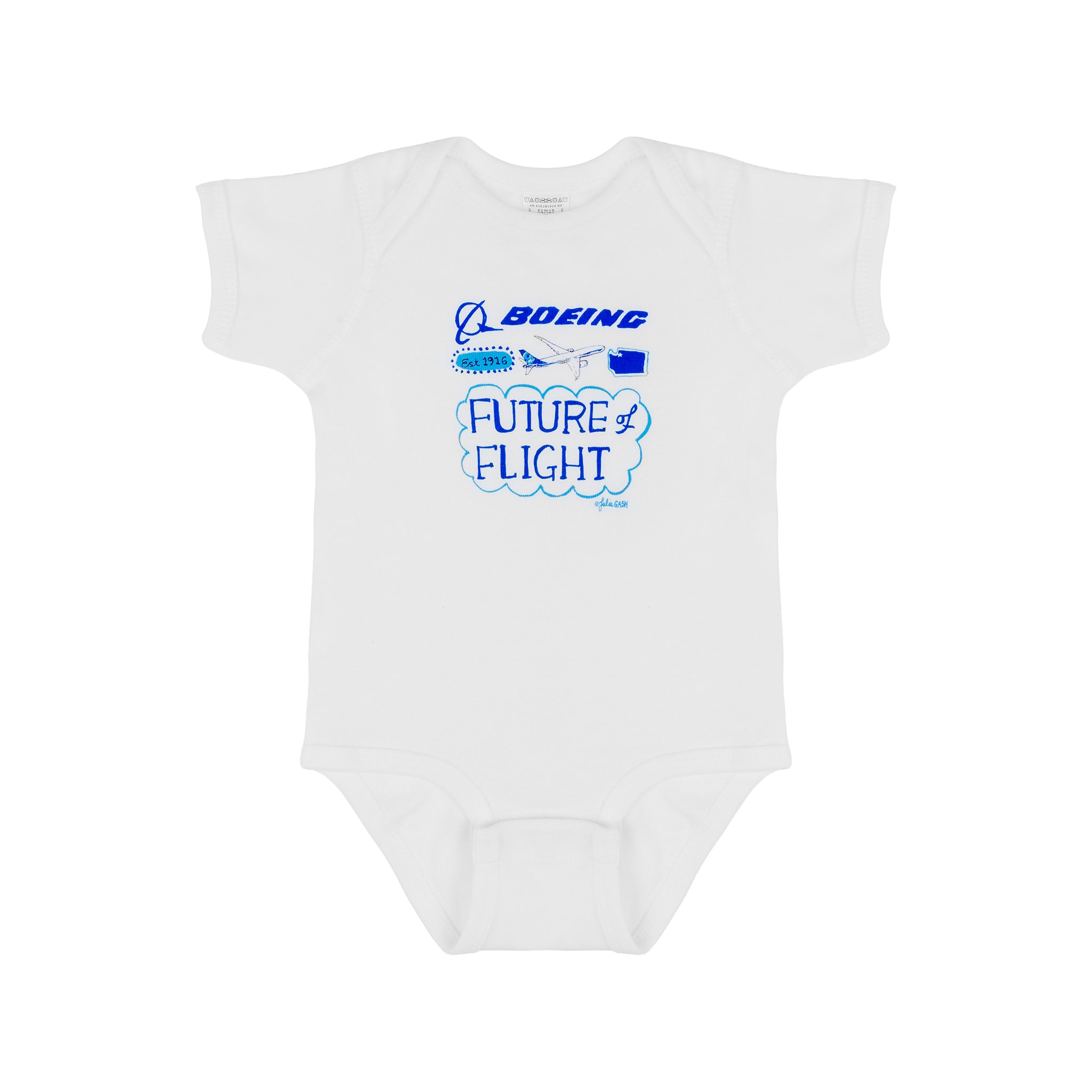 The Boeing Future Of Flight Destination Unisex Onesie by BOEING features a blue graphic with the logo, cartoon airplane, clouds, and "Future of Flight"—ideal sleepwear for young aviation fans. Pairs perfectly with our 100% cotton kids pajamas.