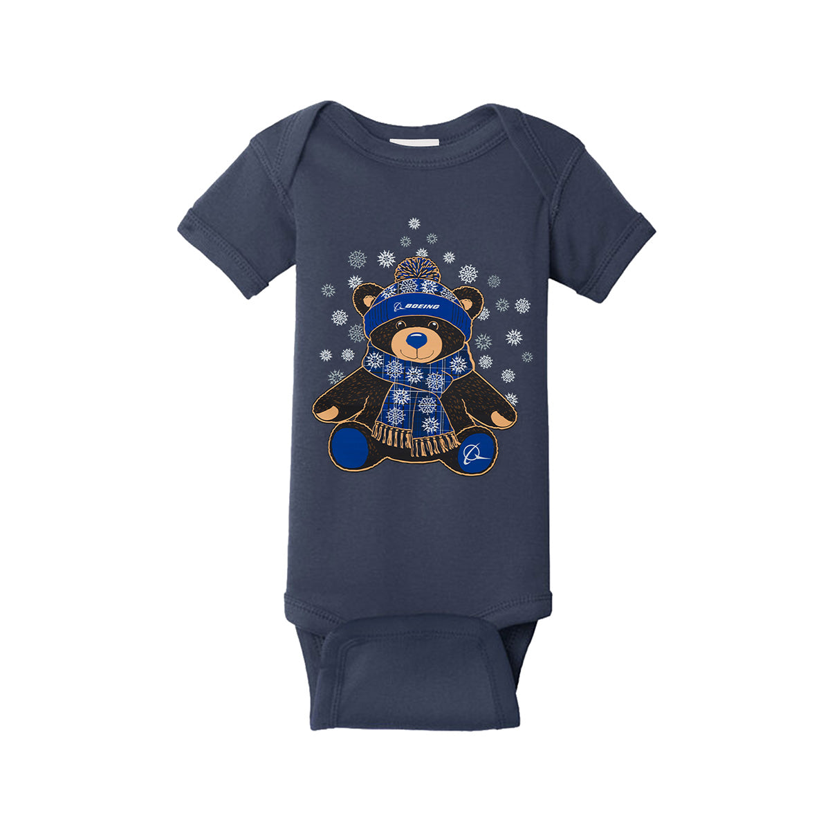 Introducing the Boeing 2026 Jet Snowflake Onesie by BOEING—a navy blue baby bodysuit adorned with a charming teddy bear wearing a winter hat and scarf, surrounded by an adorable snowflake design.