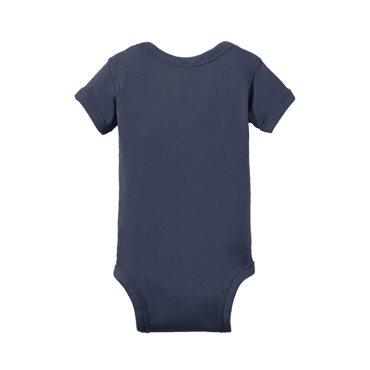 The Boeing 2026 Jet Snowflake Onesie by BOEING is a short-sleeved baby bodysuit in plain navy blue, shown from the back against a white background.