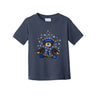 The Boeing 2026 Jet Snowflake Toddler T-Shirt by Boeing showcases a cute bear wearing a blue hat, scarf, and mittens with the Boeing logo, surrounded by white snowflakes—making it perfect for celebrating the holiday season.
