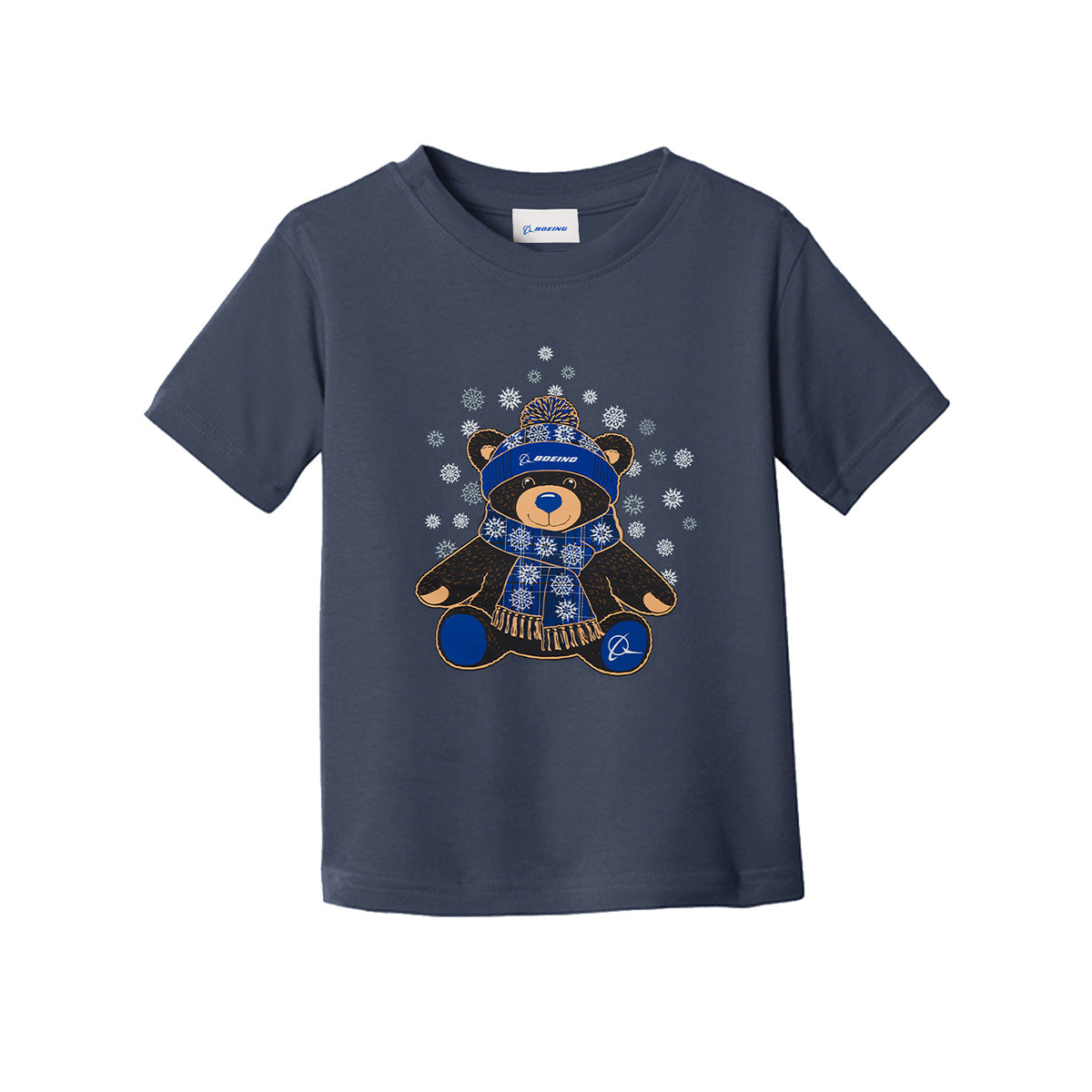 The Boeing 2026 Jet Snowflake Toddler T-Shirt by Boeing showcases a cute bear wearing a blue hat, scarf, and mittens with the Boeing logo, surrounded by white snowflakes—making it perfect for celebrating the holiday season.