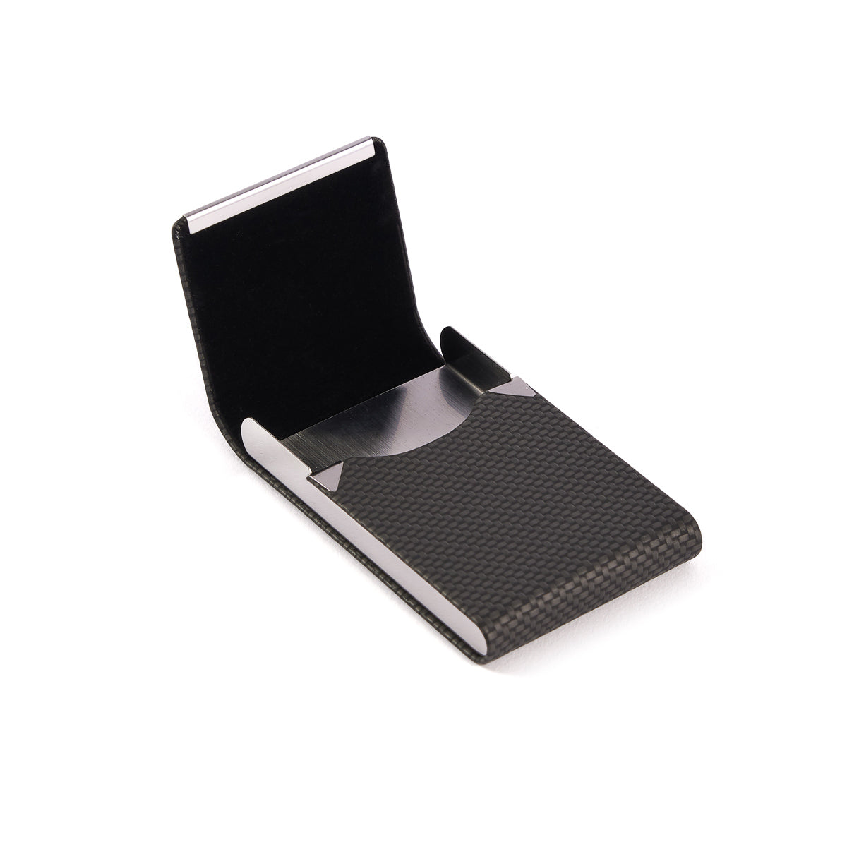 The Boeing Stores Carbon Fiber Card Holder boasts a sleek, minimalist design with a textured black and silver surface. Its modern appeal is amplified by an innovative magnetic closure, securely storing your business cards while allowing easy access.