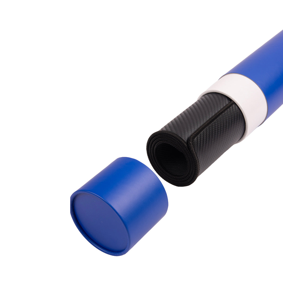 A blue cylindrical case with its lid removed, revealing a rolled black Boeing Signature Carbon Fiber Desk Pad by BOEING inside.