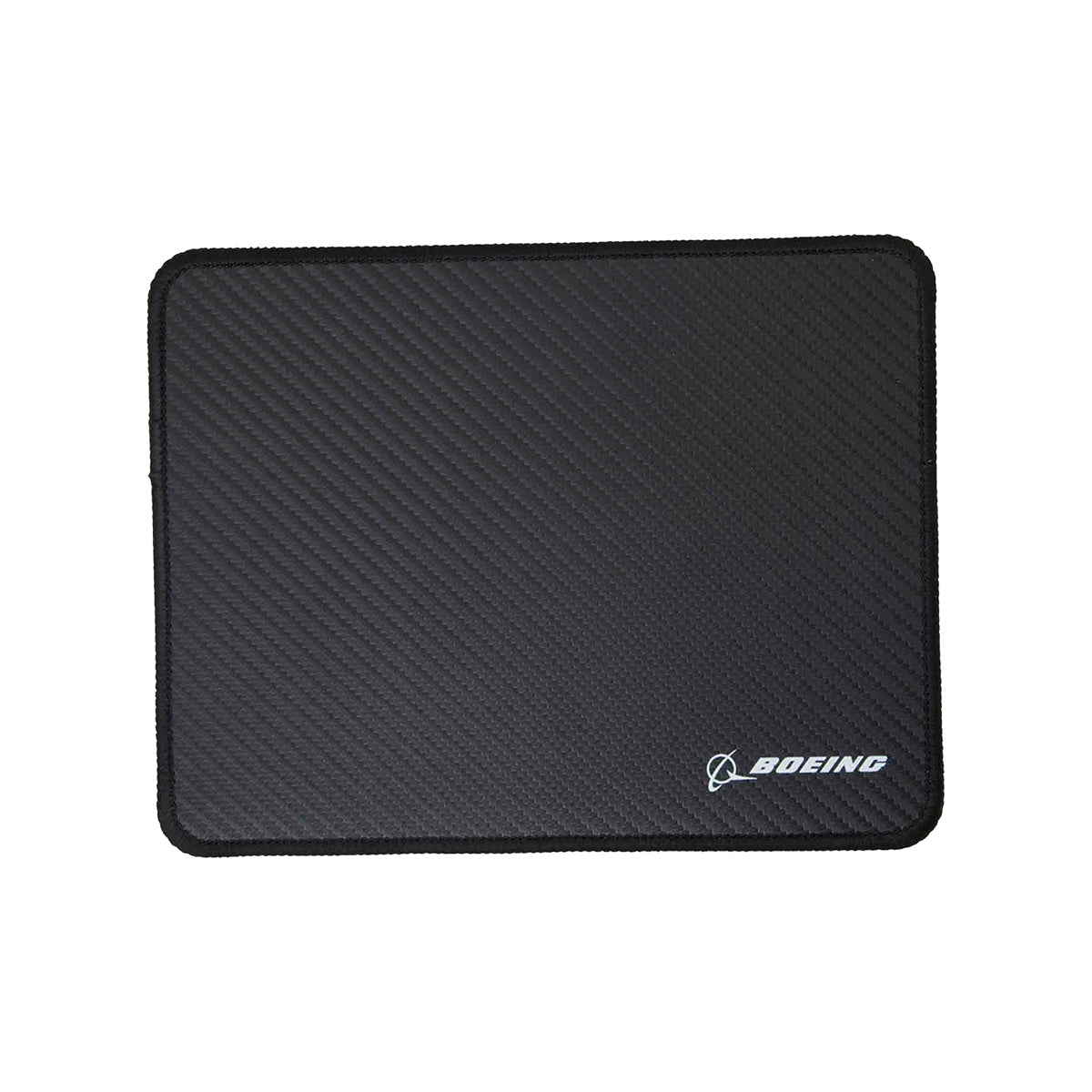 Introducing the Boeing Signature Carbon Fiber Mouse Pad by BOEING—a sleek black rectangular professional mouse pad with a subtle textured pattern, featuring the Boeing logo in white at the bottom right corner.