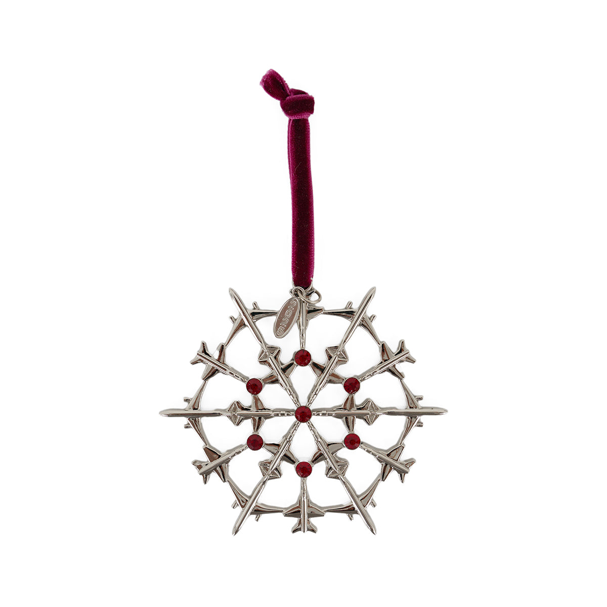 The Boeing 2025 Jet Snowflake Ornament by BOEING features a geometric silver design with small red accents and hangs from a deep red velvet ribbon, making it a unique holiday gift.